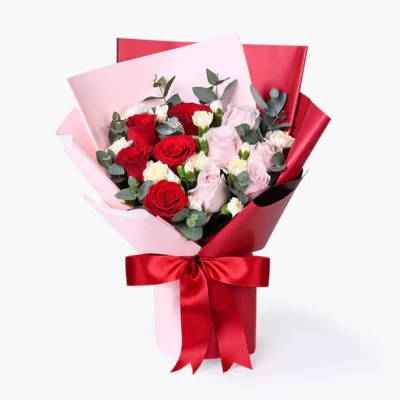 Radiant Romance Bouquet – Red and Pink Roses with Eucalyptus