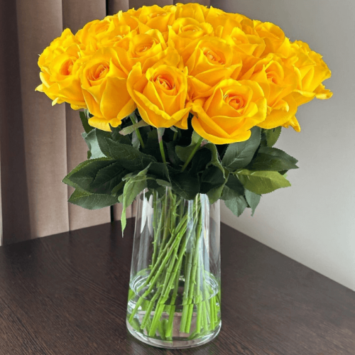 Bright Yellow Rose Bouquet - Fresh Flower Arrangement in Glass Vase