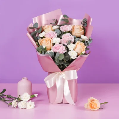 Delicate Affection Bouquet – Peach Roses and Pink Carnations