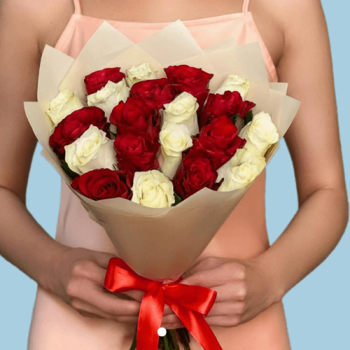 Hand-Tied Bouquet of 20 White and Red Roses
