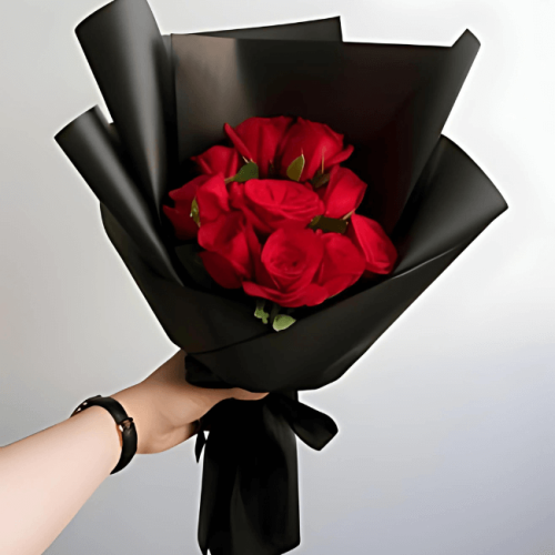 Elegant 12 Red Roses Bouquet in Black Wrapping