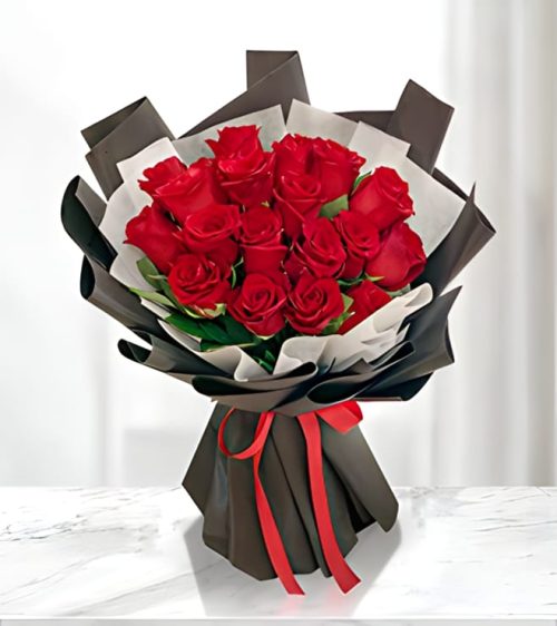 Classic 20 Red Roses Bouquet with Black Wrapping