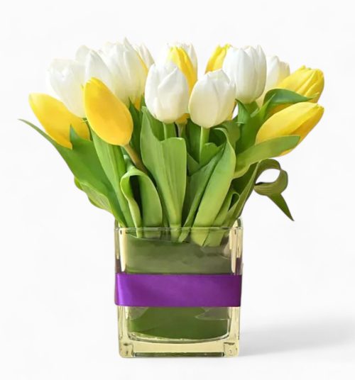 Sunshine Tulip Delight – Yellow and White Tulips in Glass Vase