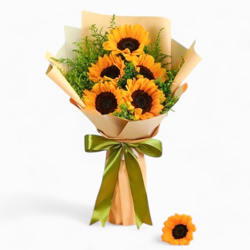 Bright Sunflower Bouquet with Satin Ribbon