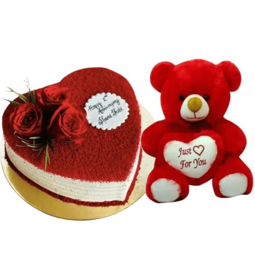 Heartfelt Delight Combo - Red Velvet Heart Shape with Teddy