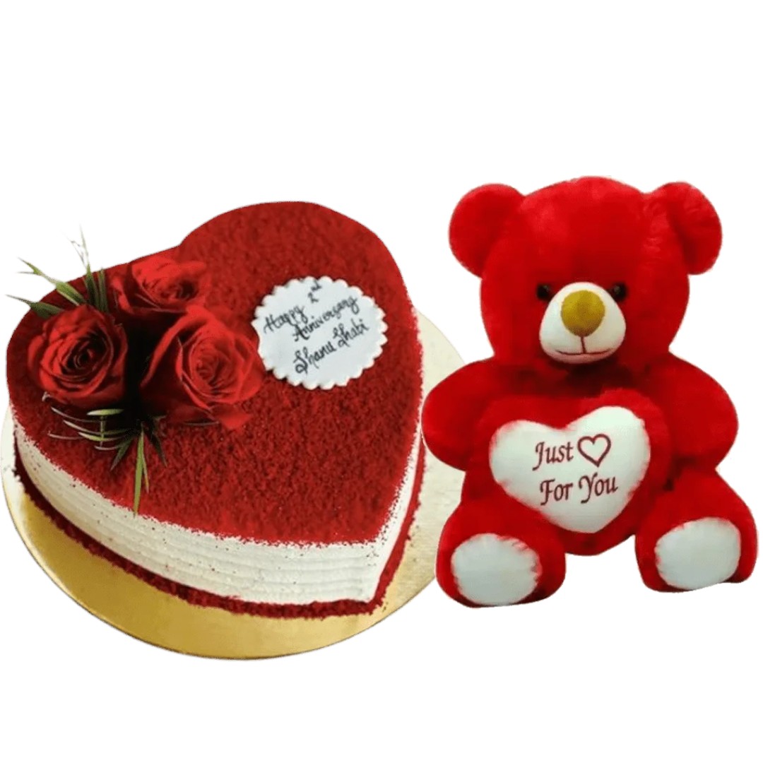 Heartfelt Delight Combo - Red Velvet Heart Shape with Teddy