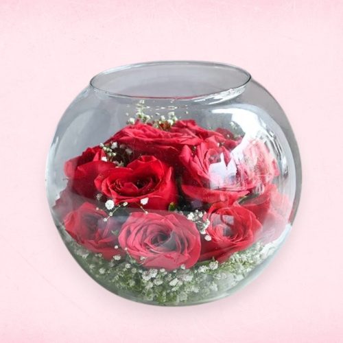 Elegance in a Glass – Red Rose Bowl Arrangement