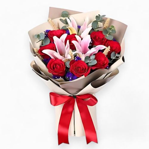 Romantic Red Roses and Lilies Bouquet with Elegant Wrap