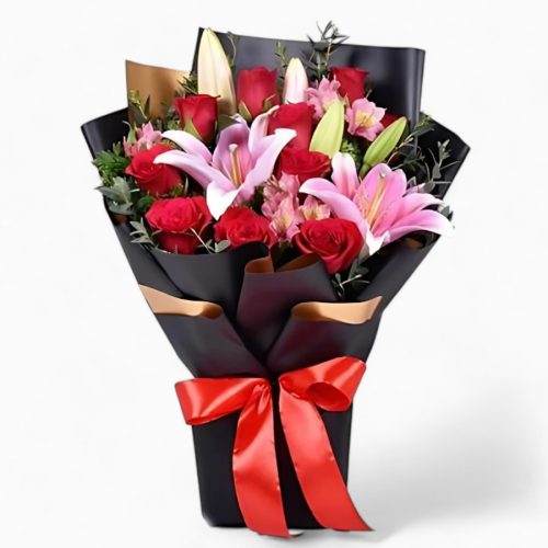 Luxury Red Roses and Pink Lilies Bouquet in Black Wrap