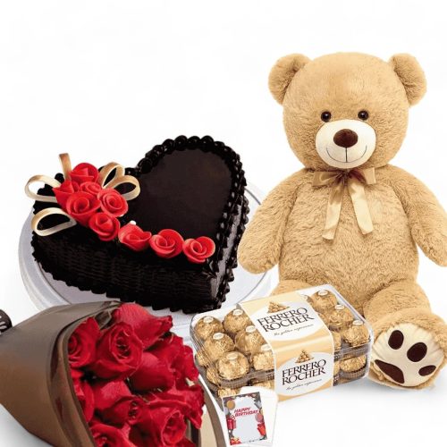 Perfect Gift - Heart Chocolate Cake with Rose Bouquet, Teddy & Ferrero Chocolate