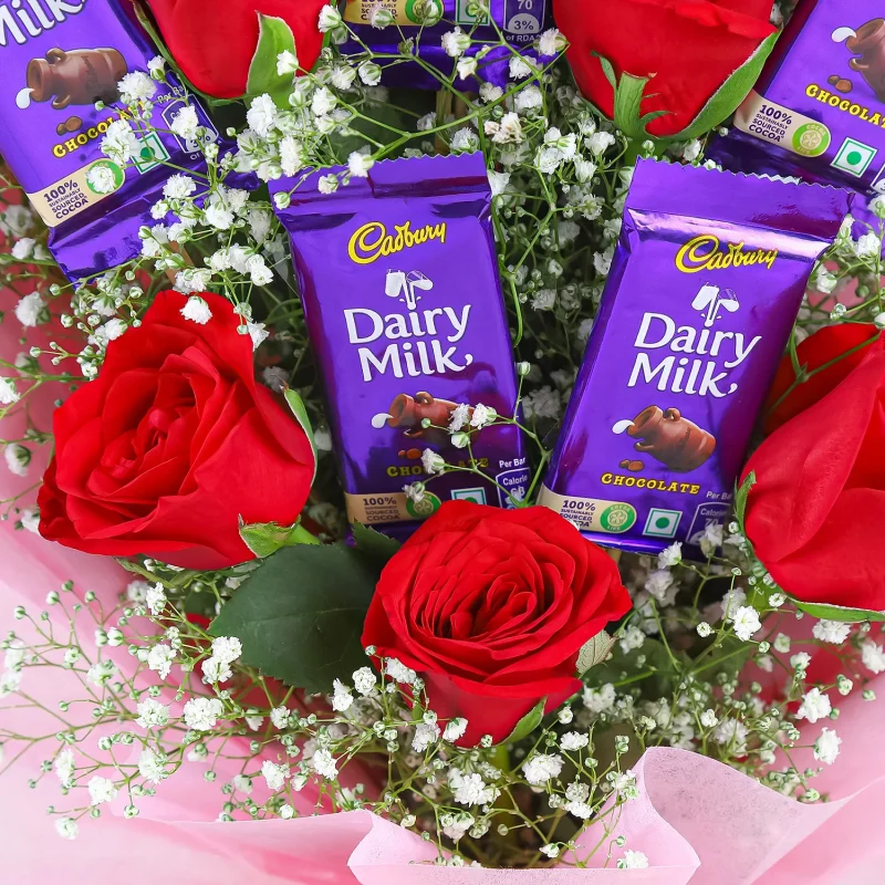 Sweet Love Red Roses & Dairy Milk Chocolate Bouquet - Image 3
