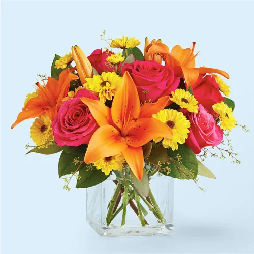 Tropical Sunset Bouquet – Bright Roses and Lilies