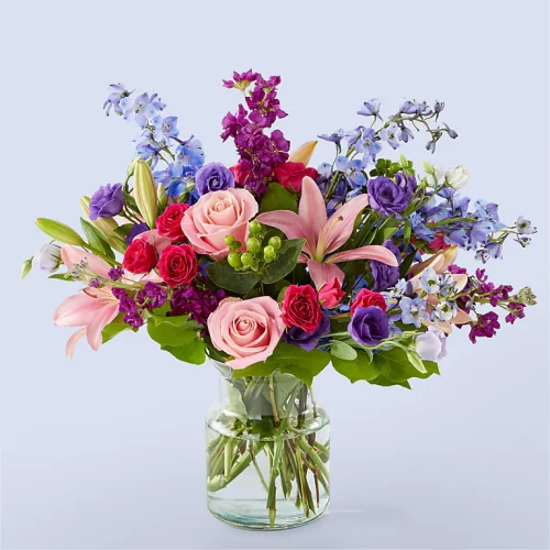 Enchanting Harmony Bouquet – Pink Roses and Purple Blooms