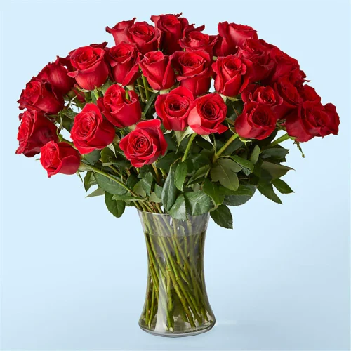 Golden Anniversary Bouquet – 50 Red Roses in a Glass Vase