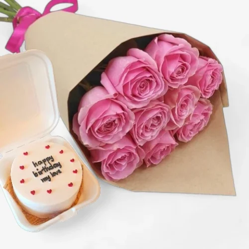 Beautiful Pink Rose Bouquet with flower Mini Cake