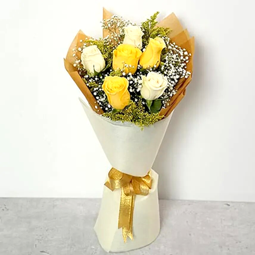 Golden Touch Roses Bouquet 3 White Roses 3 Yellow Roses