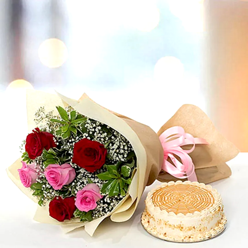 Delightful Roses Bouquet With Butterscotch Cake