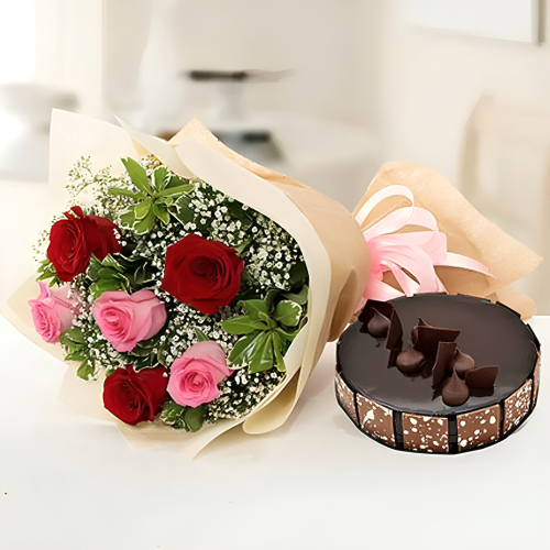 Beautiful Roses Bouquet With Round Chocolate Cake