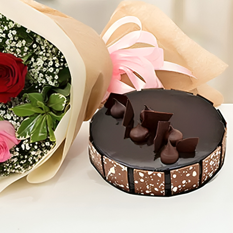 Beautiful Roses Bouquet With Round Chocolate Cake - Image 3