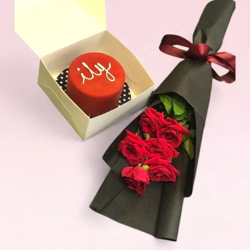 Red Rose Bouquet with Red Mini Vanilla Cake