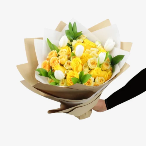 Yellow Baby rose, Yellow rose with Tulips Fresh Flower Bouquet