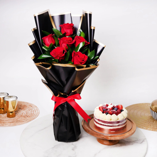 Red Rose Bouquet Black Wrapping with Cake Combo