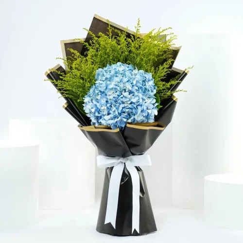 Blue Hydrangea Bouquet with Black Wrapping