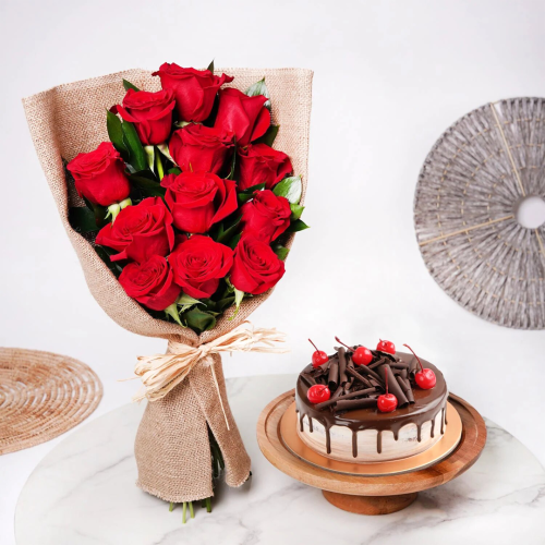 12 Red Roses Bouquet And Black Forest Cake