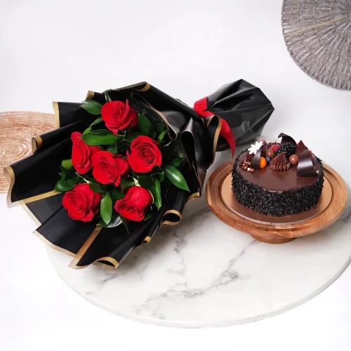 Chocolate Cake with Bunch of 6 Red Roses