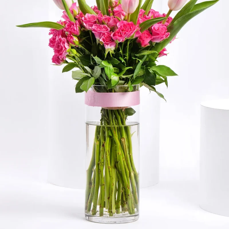 Elegant Pink Tulip And Baby Rose Bouquet In Vase - Image 2