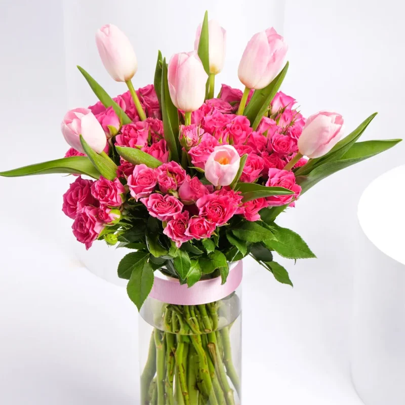 Elegant Pink Tulip And Baby Rose Bouquet In Vase - Image 3