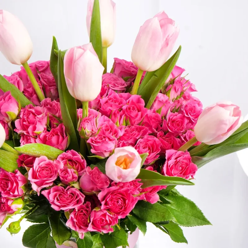 Elegant Pink Tulip And Baby Rose Bouquet In Vase - Image 4
