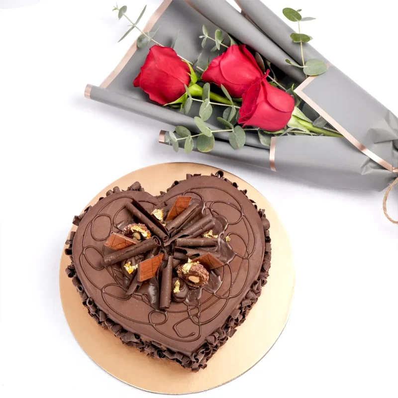 3 Red Roses Bouquet And Chocolate Cake - Image 3