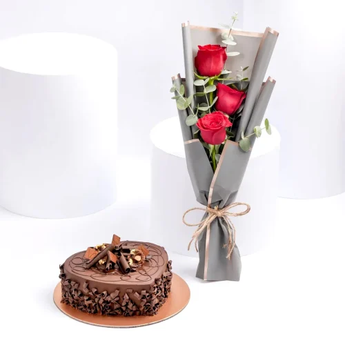3 Red Roses Bouquet And Chocolate Cake