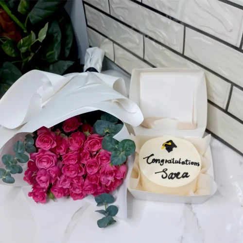 Congratulations Mini Cake & Baby Rose Bouquet