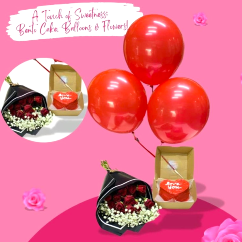 Bundle Bento Cake, Rose Flower Bouquet & Balloons