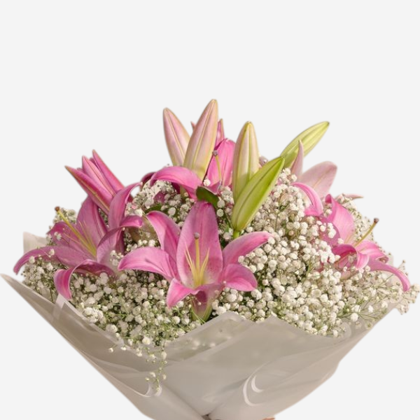 Blush Bloom – Pink Lily & Baby’s Breath Bouquet - Image 2