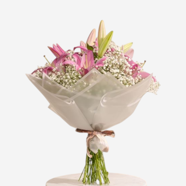 Blush Bloom – Pink Lily & Baby’s Breath Bouquet