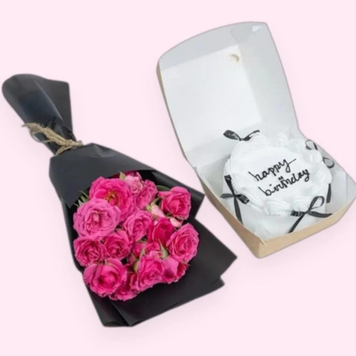 Combo - Pink Baby Roses with Round mini Cake (Any Message)