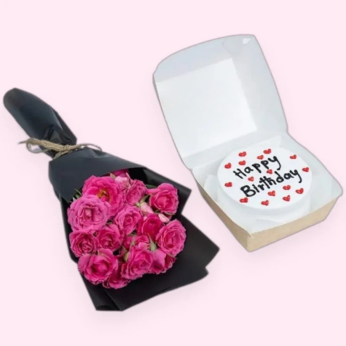 Combo - Pink Baby Roses with Round mini Cake (Any Message)