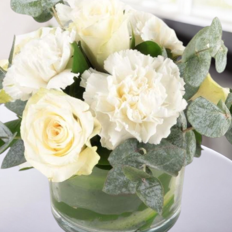 Snow Bloom – White Rose & Carnation Vase Arrangement - Image 2