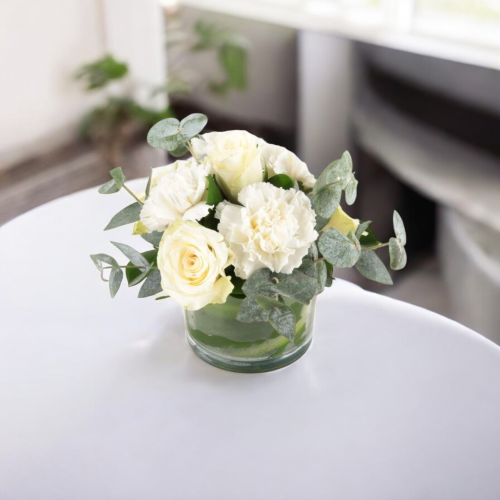 Snow Bloom – White Rose & Carnation Vase Arrangement