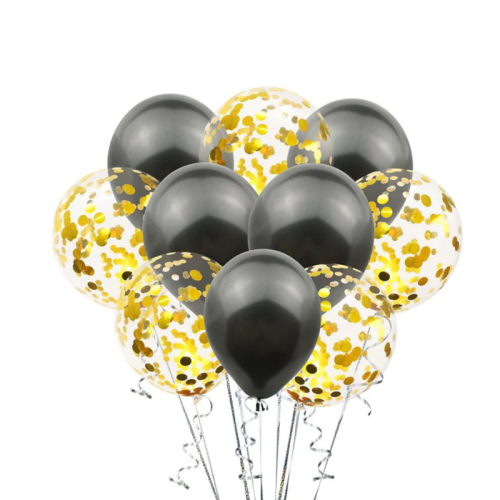 Black & Gold Confetti Helium Balloon Set – 10 pcs