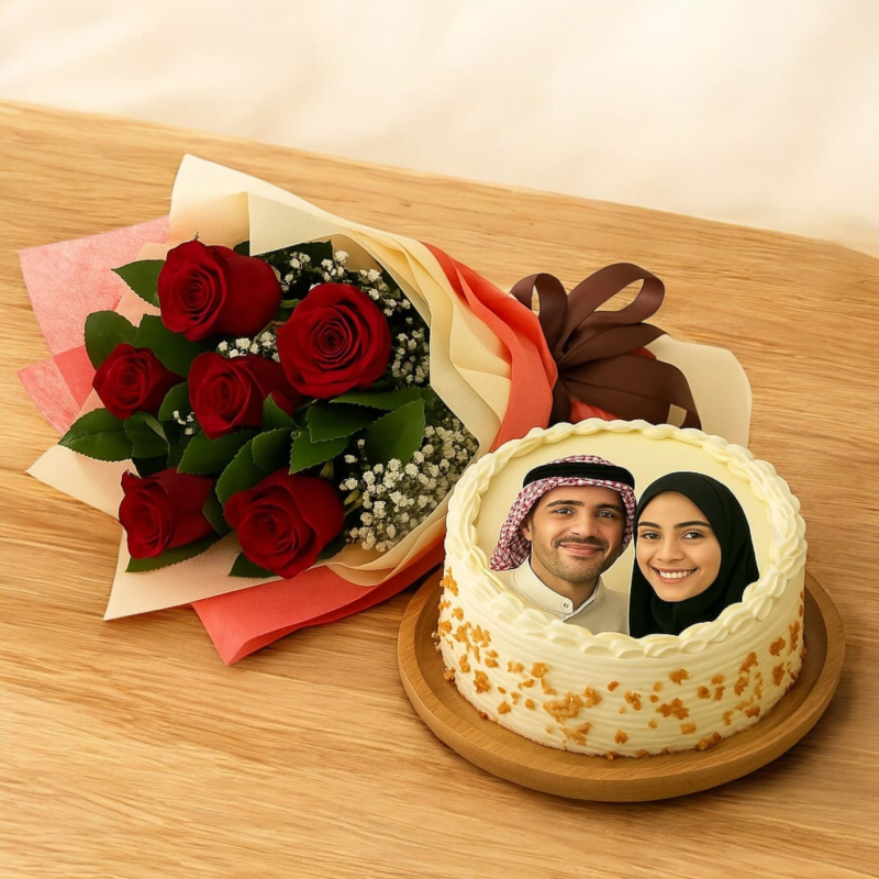 Sweet Moments Combo – Red Roses & Personalized Photo Cake