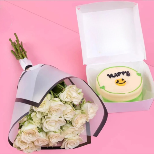 Combo - White Baby Roses with Round mini Cake (Any Message)