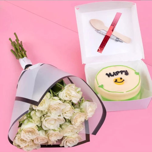 Combo - White Baby Roses with Round mini Cake (Any Message)