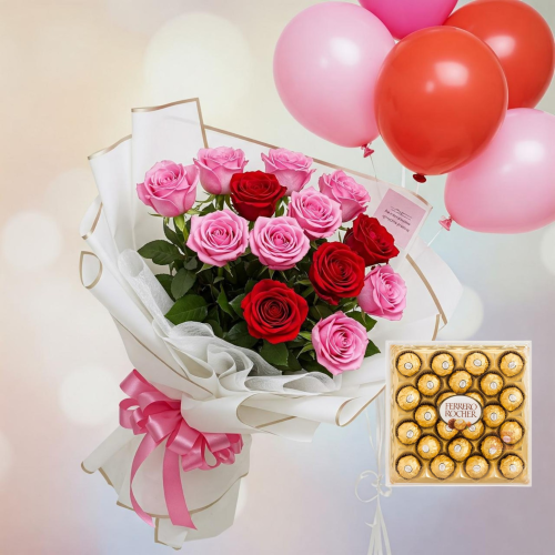 Blushing Surprise – Pink & Red Roses with Ferrero & Balloons