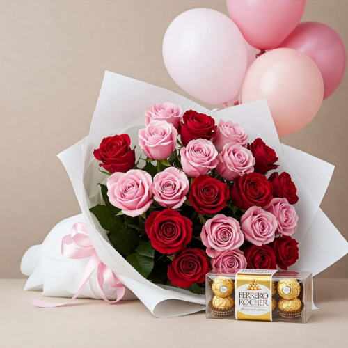 Sweet Embrace – Pink & Red Roses with Chocolates & Balloons