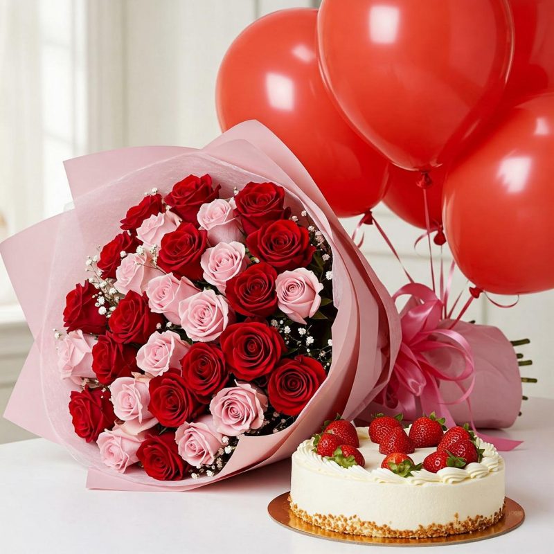 Blushing Celebration Combo – Roses, Cake & Balloons Gift Set
