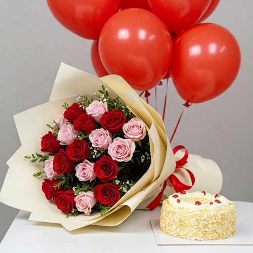 Popular Celebration Combo – Roses, Cake & Balloons Set